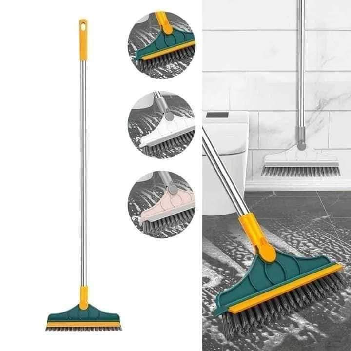 2 in 1 Bathroom Cleaning Brush with Wiper Long Handle Rotating Floor & Tile Scrubber