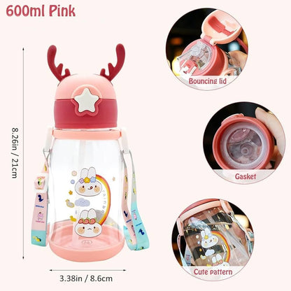 550ml Cute Unicorn Kids Water Bottle with Straw & Shoulder Strap