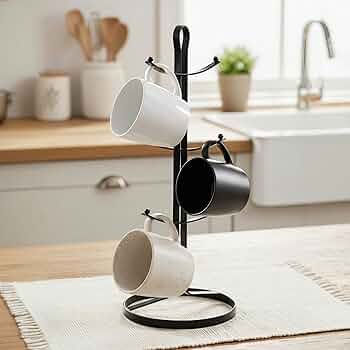 Black Metal Mug Holder Stand 6 Hooks Coffee Cup Storage Rack Organizer