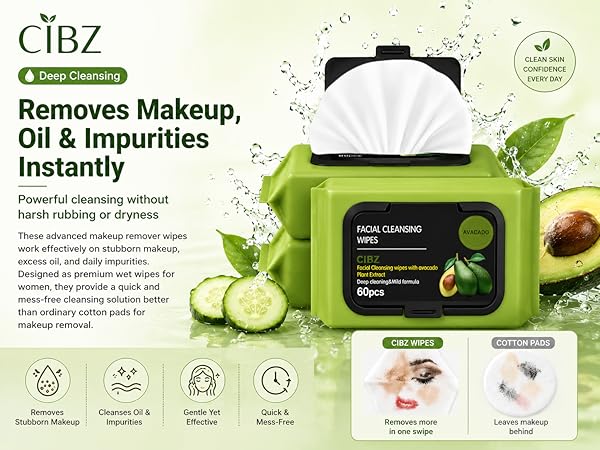 Avocado Makeup Remover Wipes Pack of 80 Deep Cleansing Facial Wipes