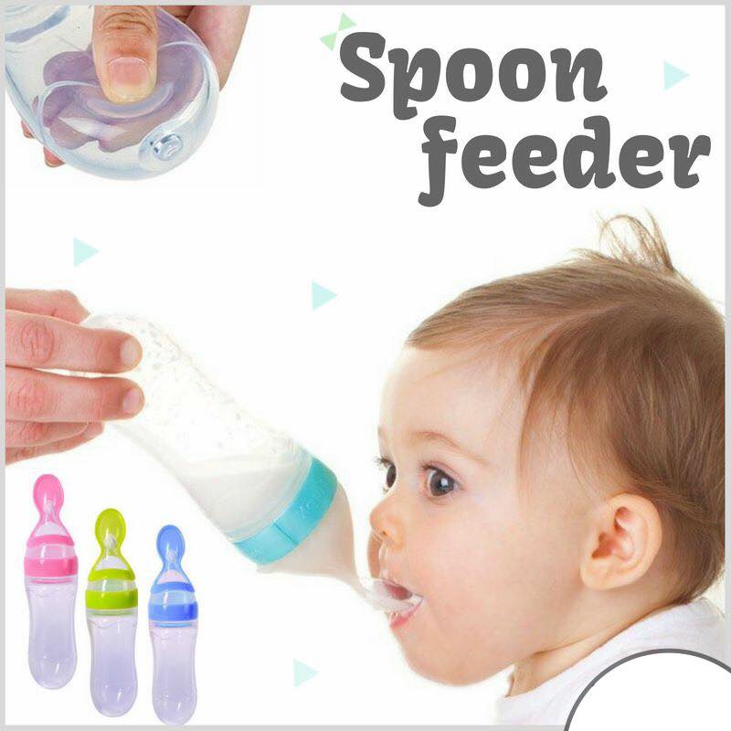 Silicone Baby Feeding Bottle with Spoon Feeder Soft Squeeze Food Dispenser for Babies