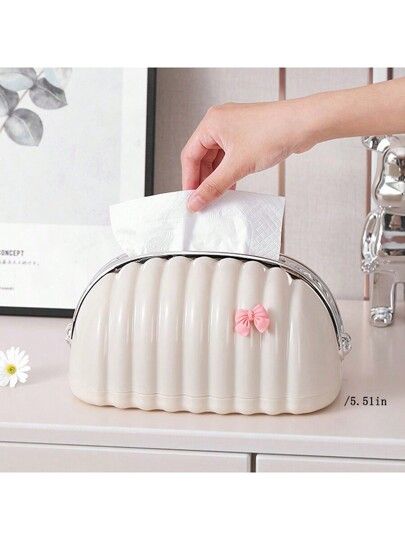 White Shell Tissue Box with Pink Bow Decorative Tissue Holder