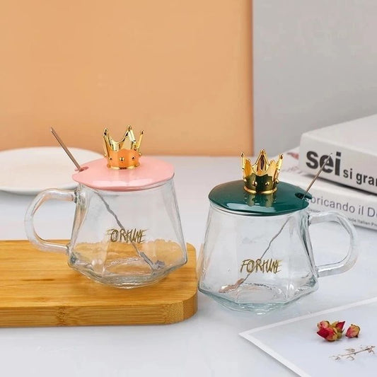 Crown Glass Mug with Lid & Spoon