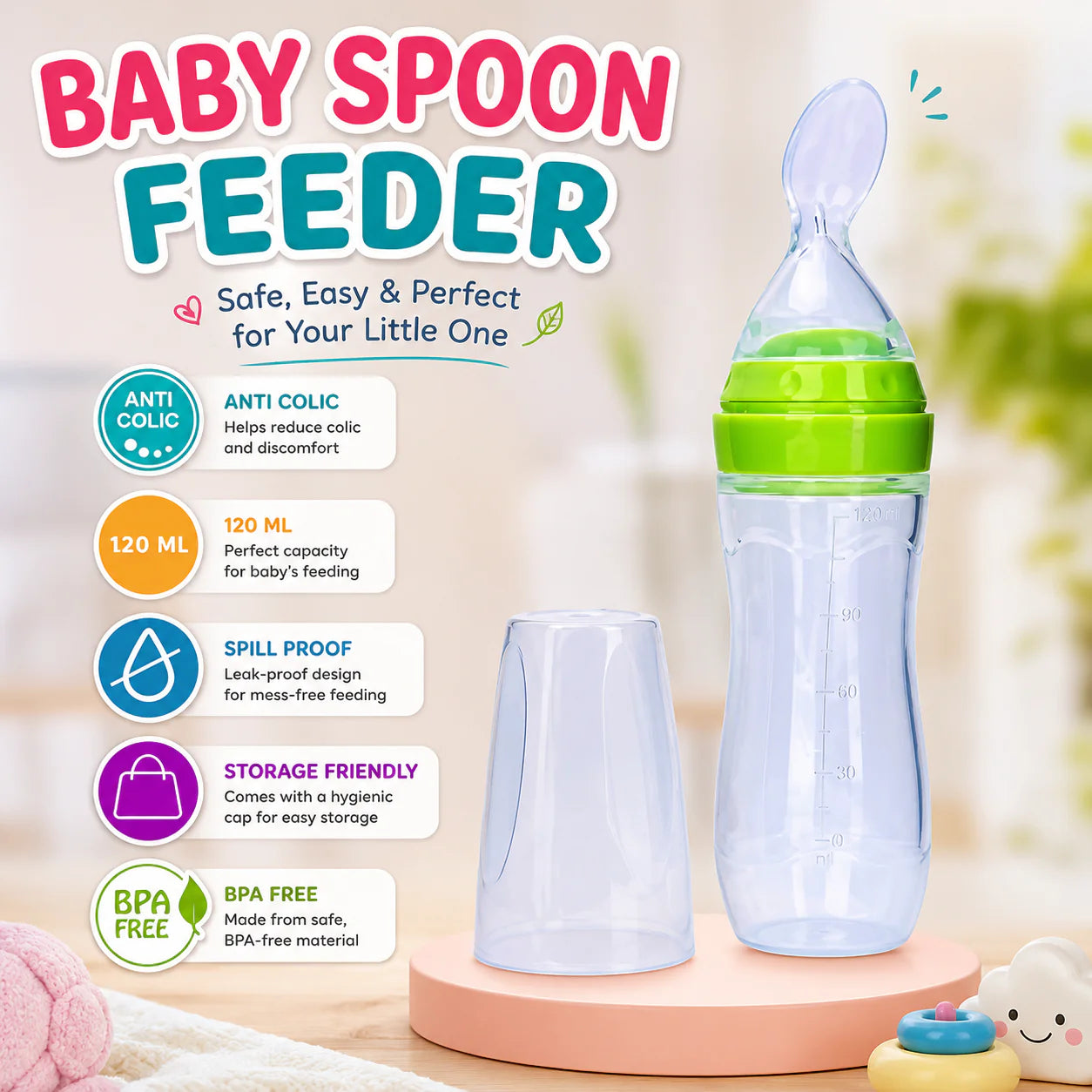Silicone Baby Feeding Bottle with Spoon Feeder Soft Squeeze Food Dispenser for Babies