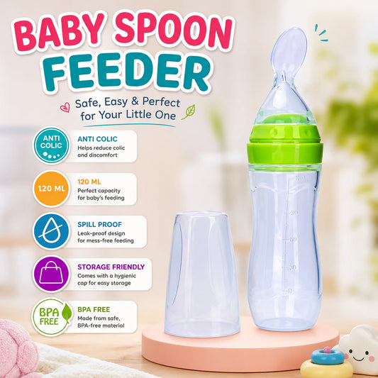 Silicone Baby Feeding Bottle with Spoon Feeder Soft Squeeze Food Dispenser for Babies