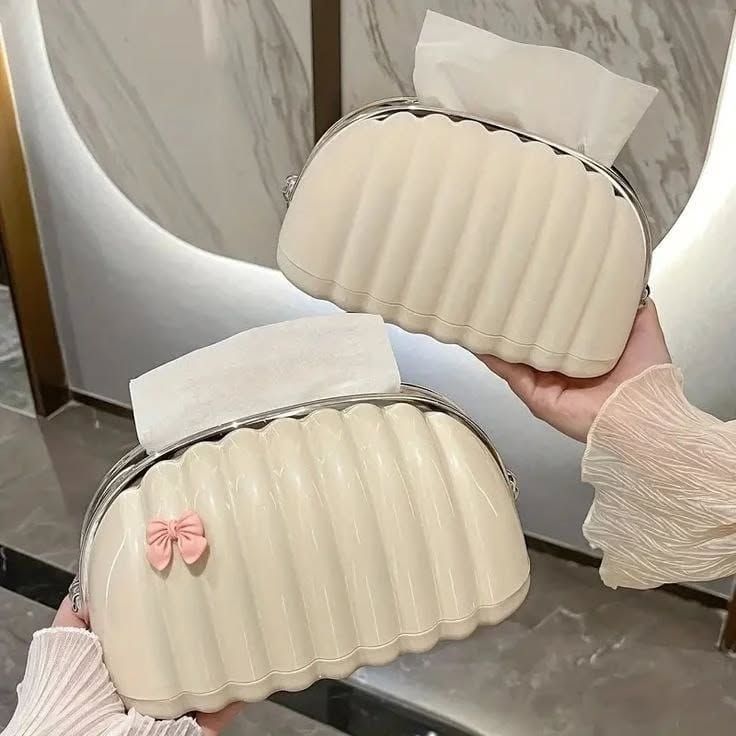 White Shell Tissue Box with Pink Bow Decorative Tissue Holder