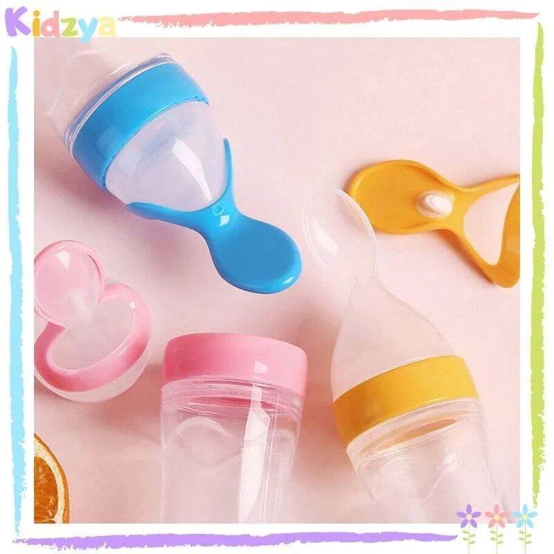 Silicone Baby Feeding Bottle with Spoon Feeder Soft Squeeze Food Dispenser for Babies
