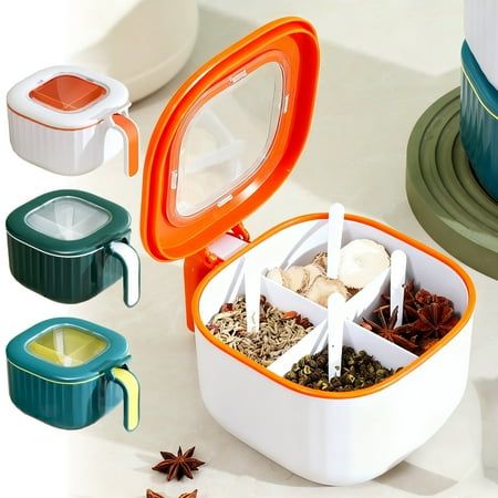 4 Portion Spice Box with Spoons – Transparent Kitchen Seasoning Storage Box