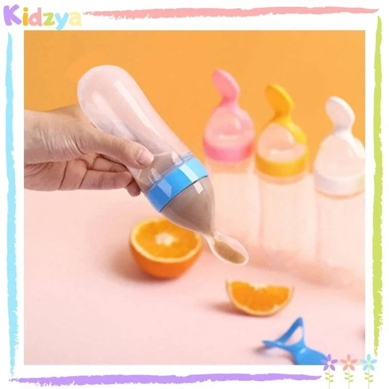 Silicone Baby Feeding Bottle with Spoon Feeder Soft Squeeze Food Dispenser for Babies