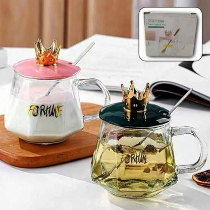 Crown Glass Mug with Lid & Spoon