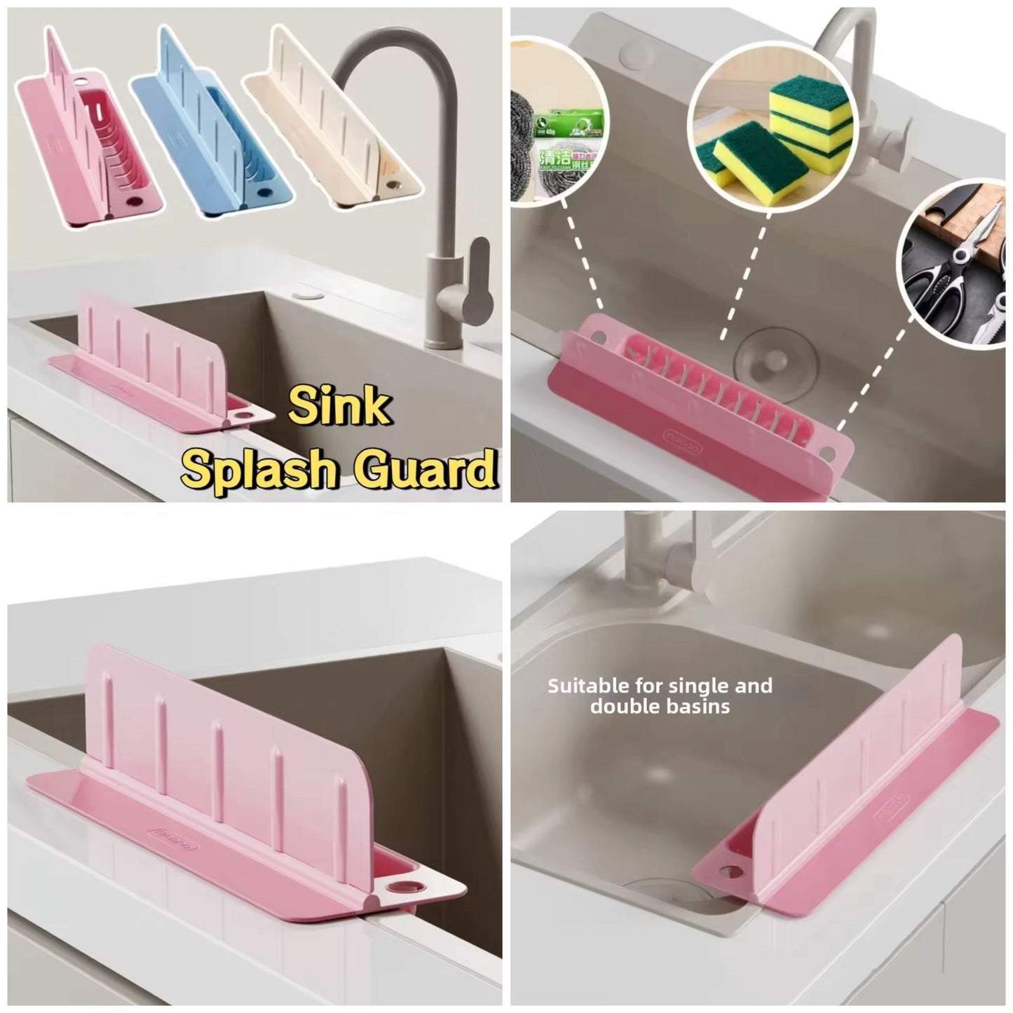 2 in 1 Kitchen Splash Guard with Sponge Holder Flip Cover Sink Organizer