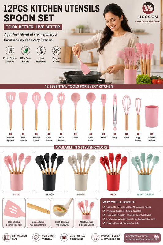 12 Piece Silicone Spoon Set – Big Size Kitchen Cooking Utensils Set