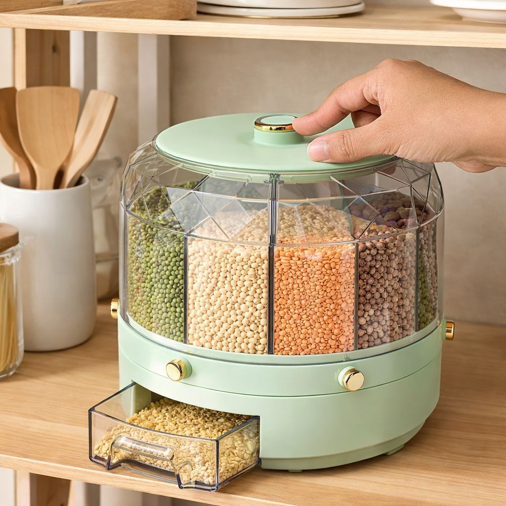 360° Rotating 6 Portion Cereal Dispenser – Diamond Shape Kitchen Storage Container