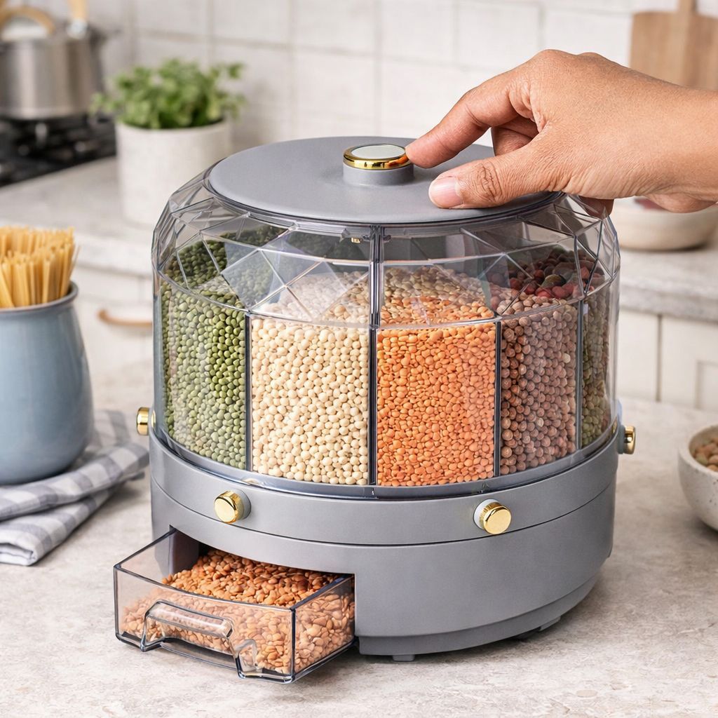 360° Rotating 6 Portion Cereal Dispenser – Diamond Shape Kitchen Storage Container