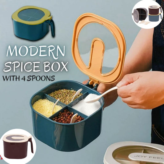 4 Portion Spice Box with Spoons – Transparent Kitchen Seasoning Storage Box