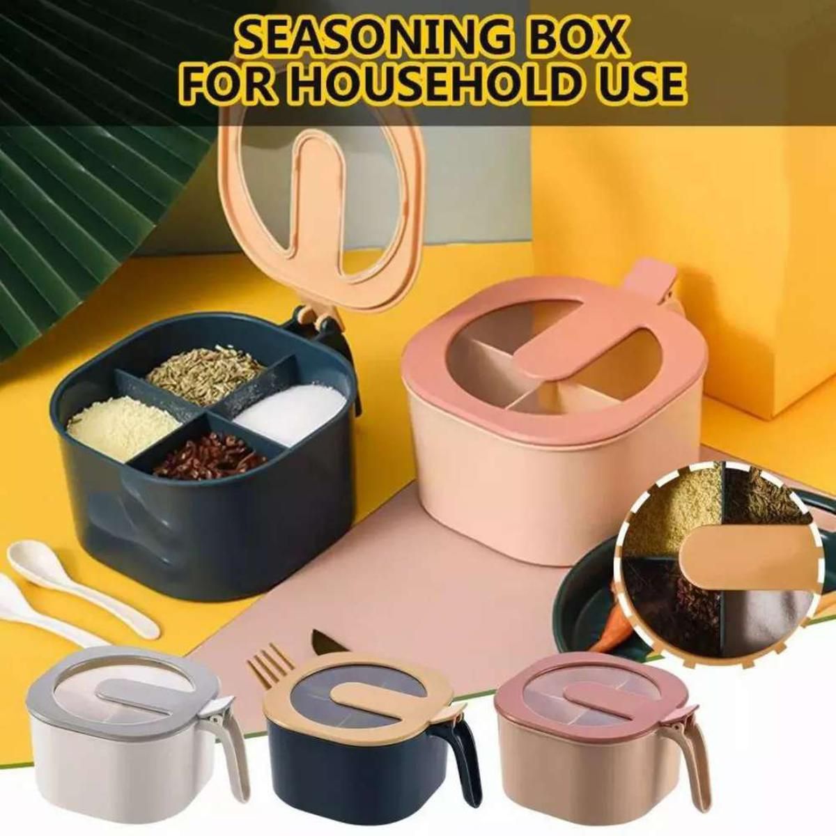 4 Portion Spice Box with Spoons – Transparent Kitchen Seasoning Storage Box
