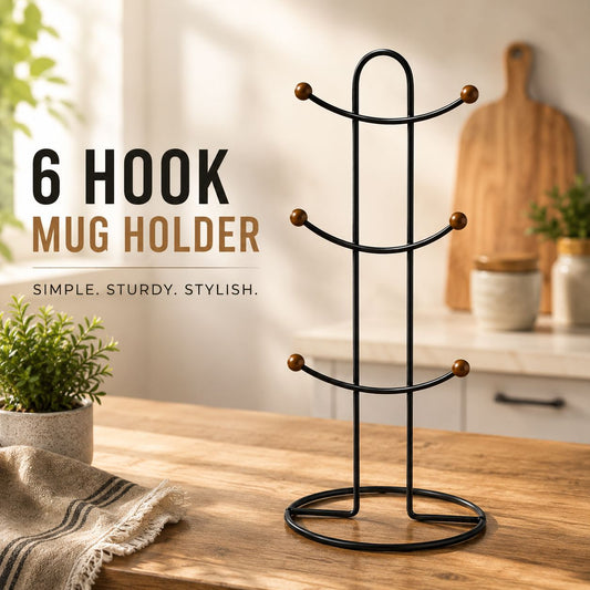 Black Metal Mug Holder Stand 6 Hooks Coffee Cup Storage Rack Organizer