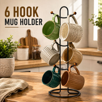Black Metal Mug Holder Stand 6 Hooks Coffee Cup Storage Rack Organizer