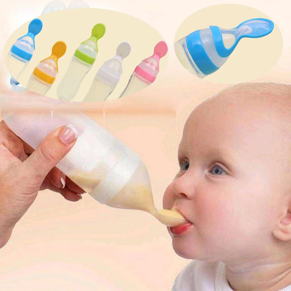 Silicone Baby Feeding Bottle with Spoon Feeder Soft Squeeze Food Dispenser for Babies