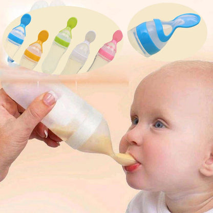 Silicone Baby Feeding Bottle with Spoon Feeder Soft Squeeze Food Dispenser for Babies