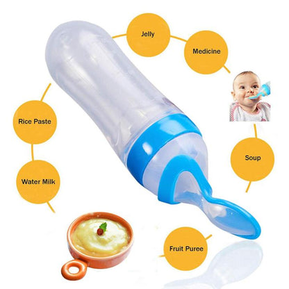 Silicone Baby Feeding Bottle with Spoon Feeder Soft Squeeze Food Dispenser for Babies