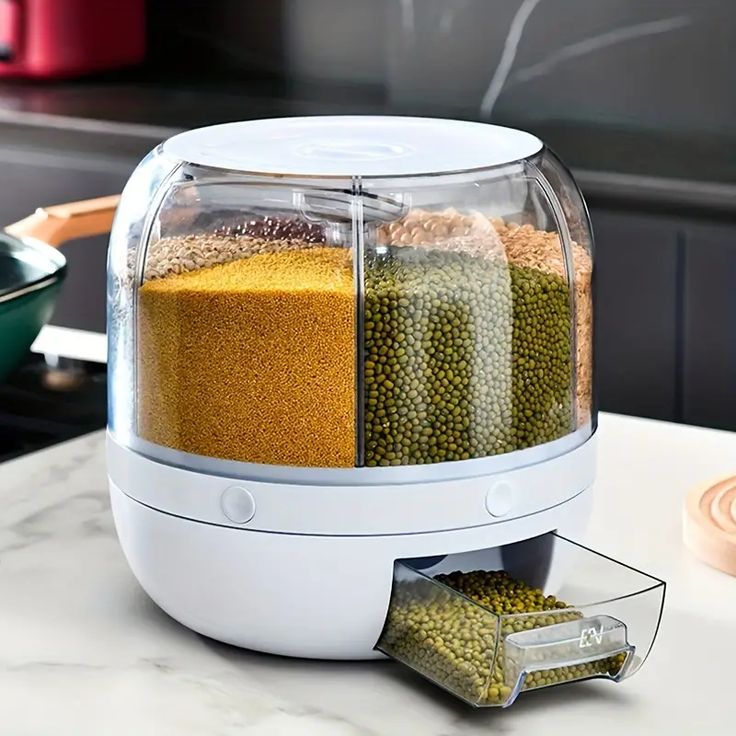 360° Rotating 6 Portion Cereal Dispenser – Diamond Shape Kitchen Storage Container
