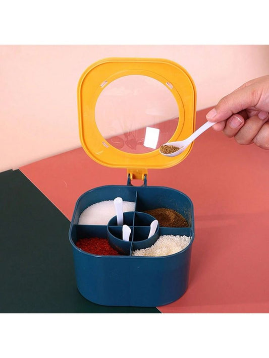 4 Portion Spice Box with Spoons – Transparent Kitchen Seasoning Storage Box