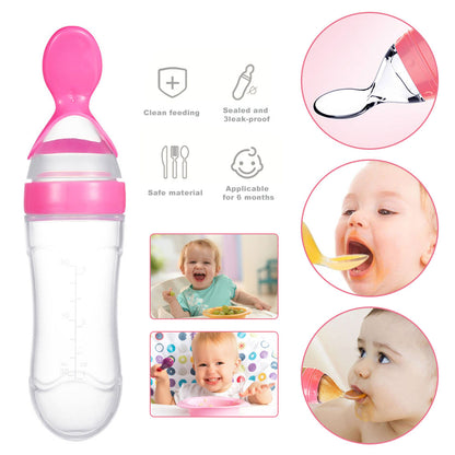 Silicone Baby Feeding Bottle with Spoon Feeder Soft Squeeze Food Dispenser for Babies