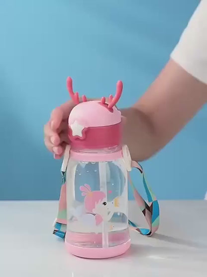 550ml Cute Unicorn Kids Water Bottle with Straw & Shoulder Strap